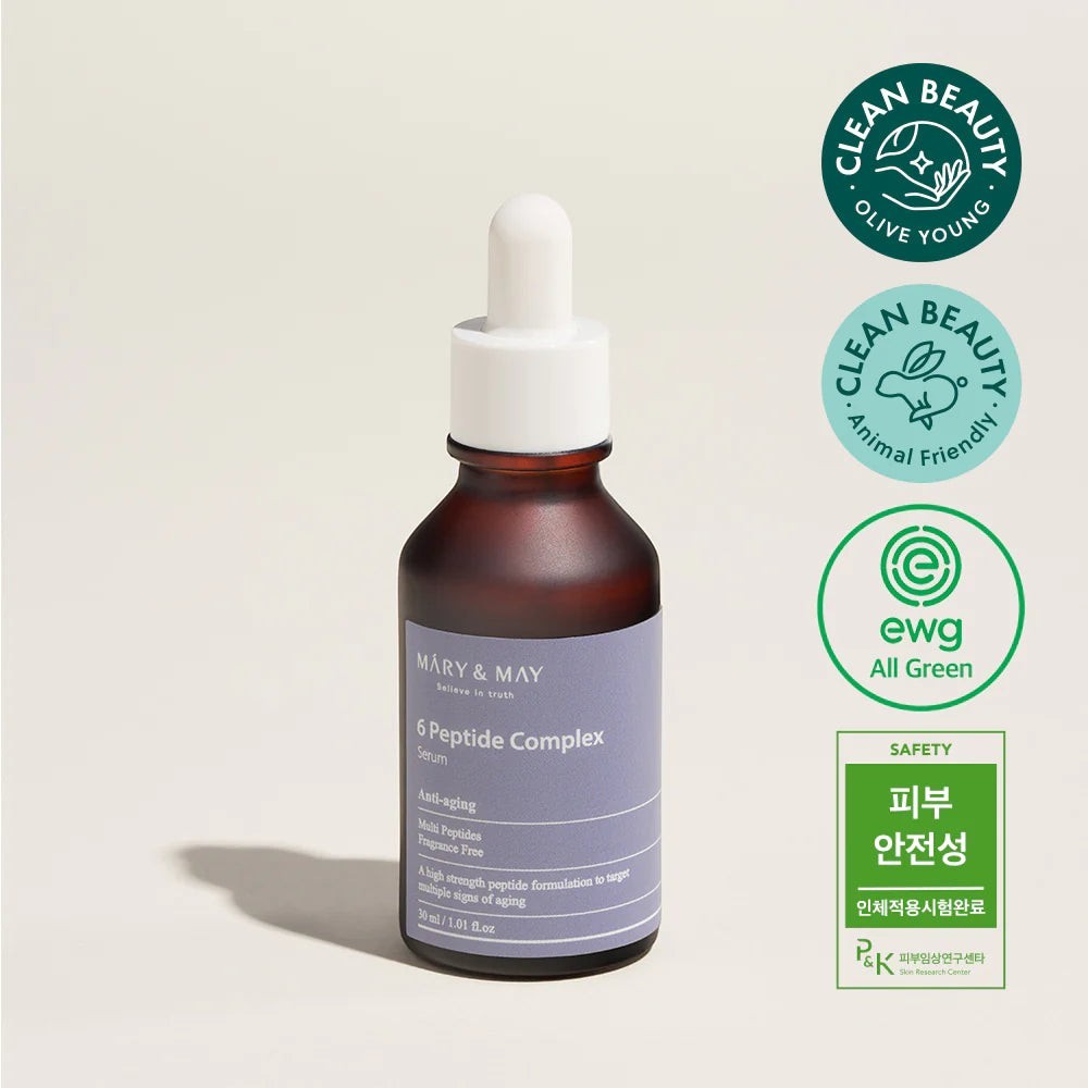 Skin TOGO Mary & May 6 Peptide Complex anti-aging serum in a 30ml amber glass dropper bottle with safety certifications.