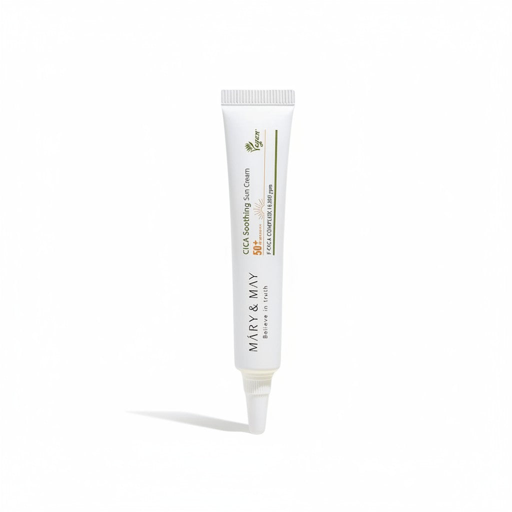 Skin TOGO Mary & May CICA Soothing Sun Cream in a white 12g travel-sized tube with SPF 50+ PA++++ protection.