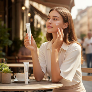 Skin TOGO model applying Mary & May CICA Soothing Sun Cream to her cheek at an outdoor cafe table