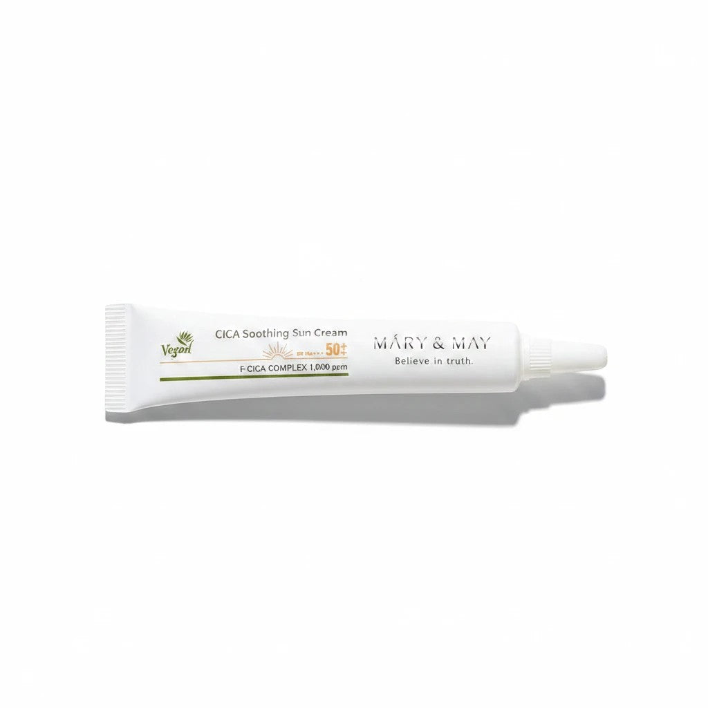 Skin TOGO Mary & May CICA Soothing Sun Cream in a white 12g travel-sized tube with SPF 50+ PA++++ protection.