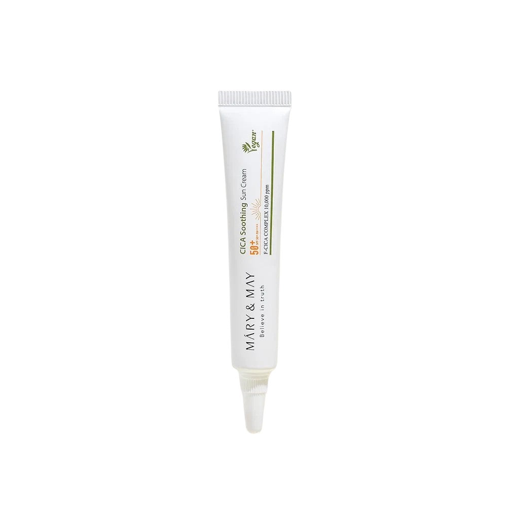 Skin TOGO Mary & May CICA Soothing Sun Cream in a white 12g travel-size tube with SPF 50+ protection.