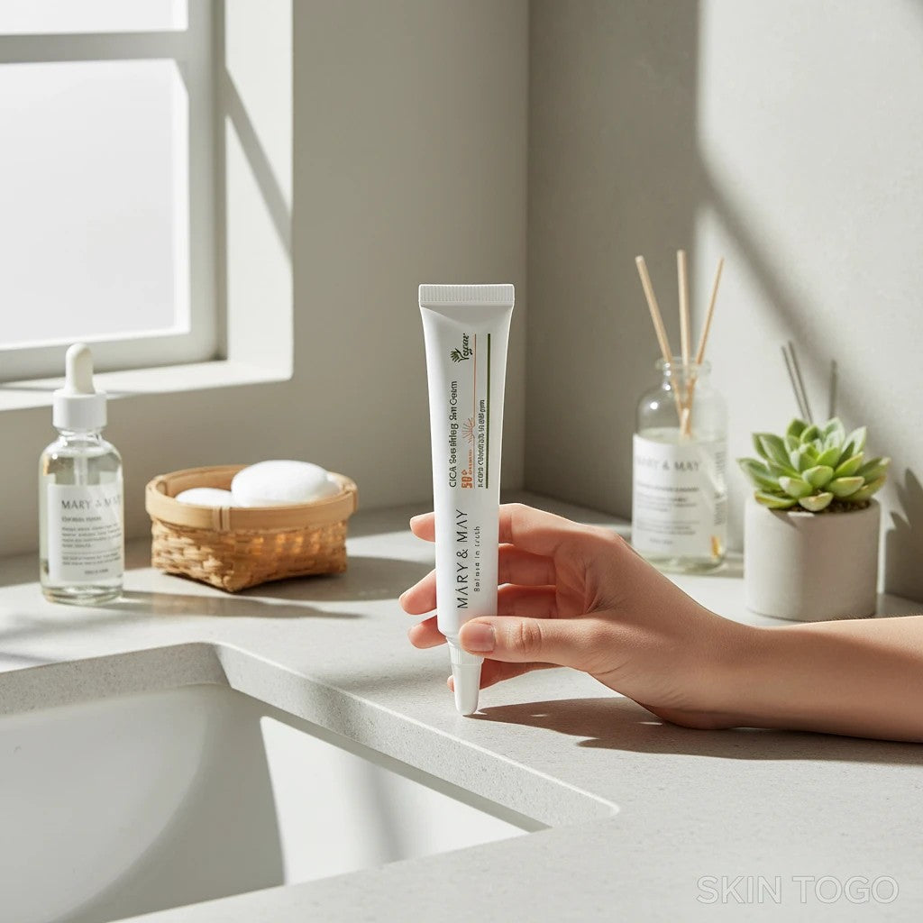 Skin TOGO Mary & May CICA Soothing Sun Cream SPF50+ in a compact 12g tube held by a hand on a bathroom counter.