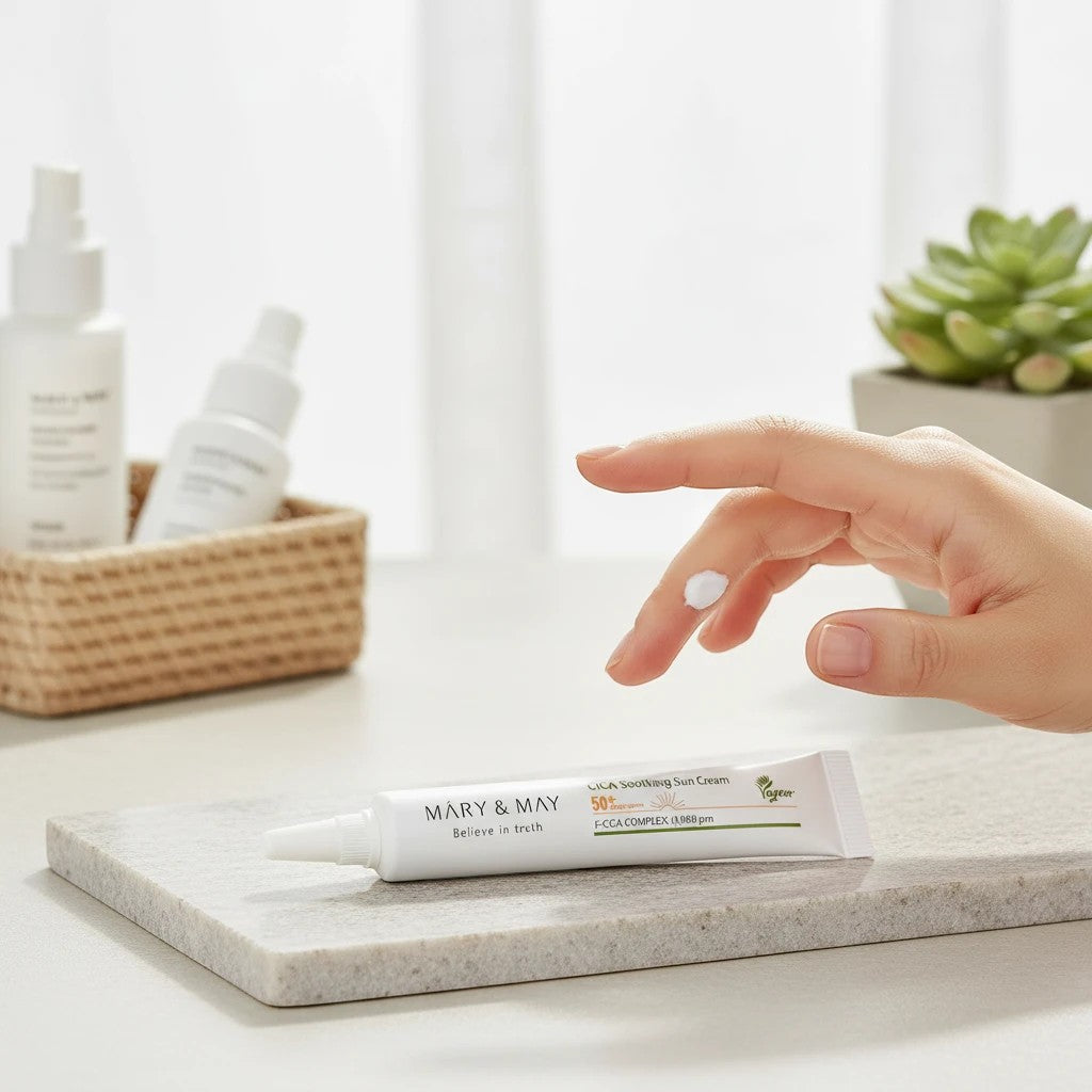 Skin TOGO Mary & May CICA Soothing Sun Cream in a travel-sized tube with a dab of white cream on a finger