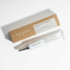 Skin TOGO Mary&May Tranexamic Acid + Glutathione eye cream tube and its eco-friendly cardboard packaging.