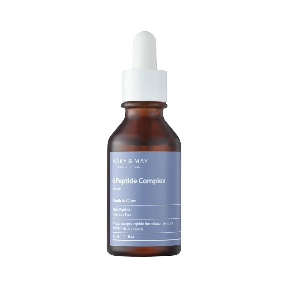Skin TOGO Mary & May 6 Peptide Complex anti-aging serum in a 30ml amber glass dropper bottle.