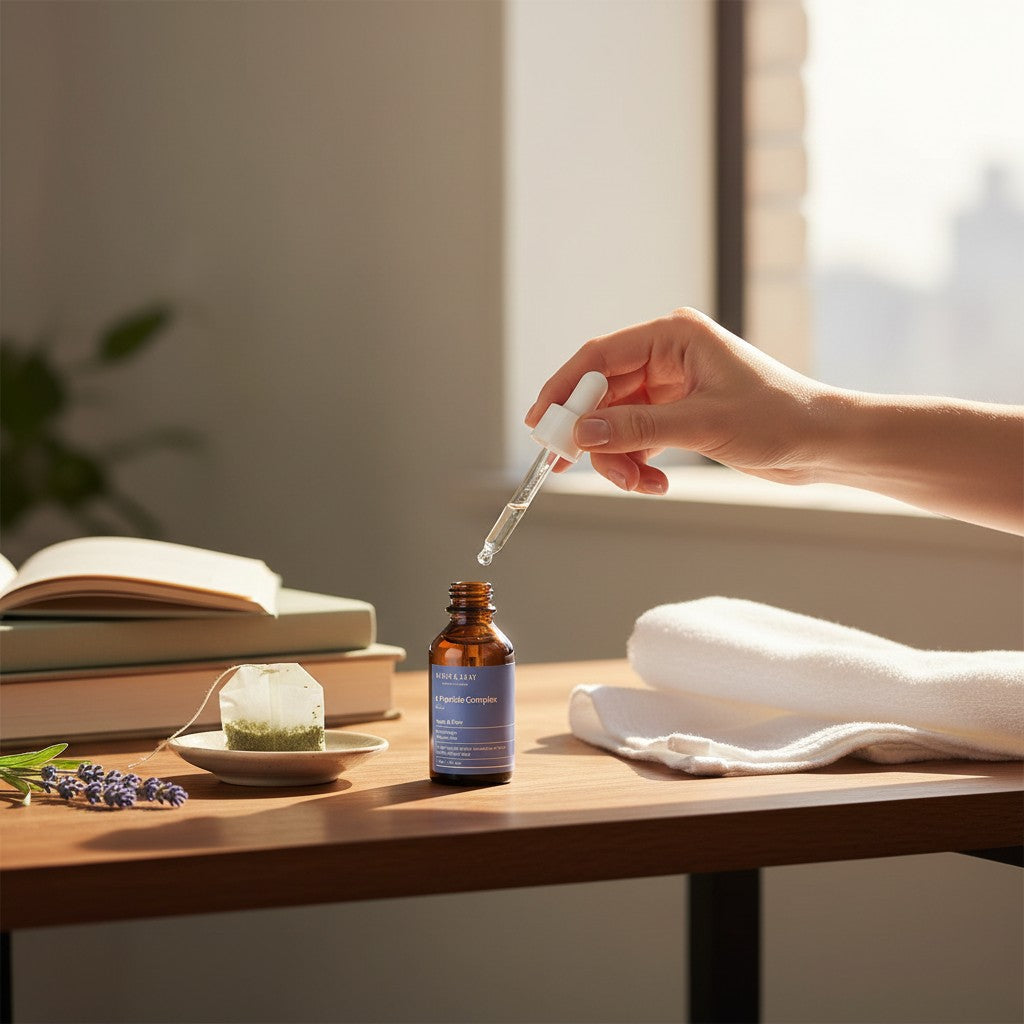 Skin TOGO Mary & May 6 Peptide Complex serum bottle with dropper on a wooden desk with a towel and tea bag