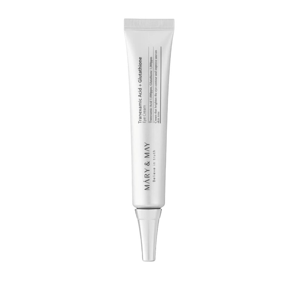 Skin TOGO Mary&May Tranexamic Acid + Glutathione Eye Cream in a white squeeze tube for brightening dark circles.