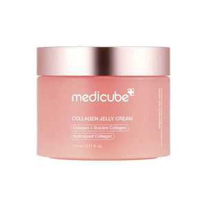 Skin TOGO Medicube Collagen Jelly Cream in a pink jar with a metallic lid for skin firming and hydration.