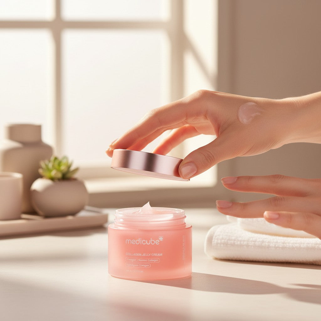 Skin TOGO Medicube Collagen Jelly Cream in a pink jar with a hand opening the lid, showing a light gel texture.