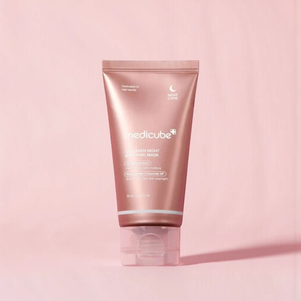 Skin TOGO Medicube Collagen Night Wrapping Mask in a metallic rose gold tube for overnight skin firming and hydration.