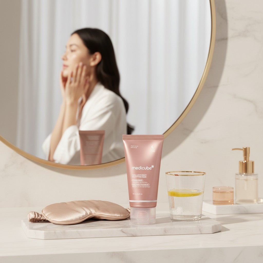Skin TOGO Medicube Collagen Night Wrapping Mask tube on a marble vanity with a silk sleep mask and woman in mirror