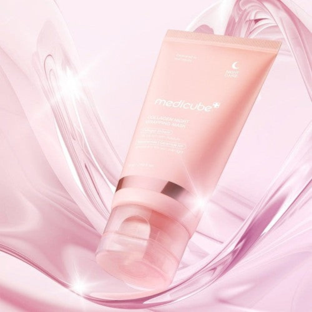 Skin TOGO Medicube Collagen Night Wrapping Mask in a soft pink tube, designed for overnight firming and hydration.