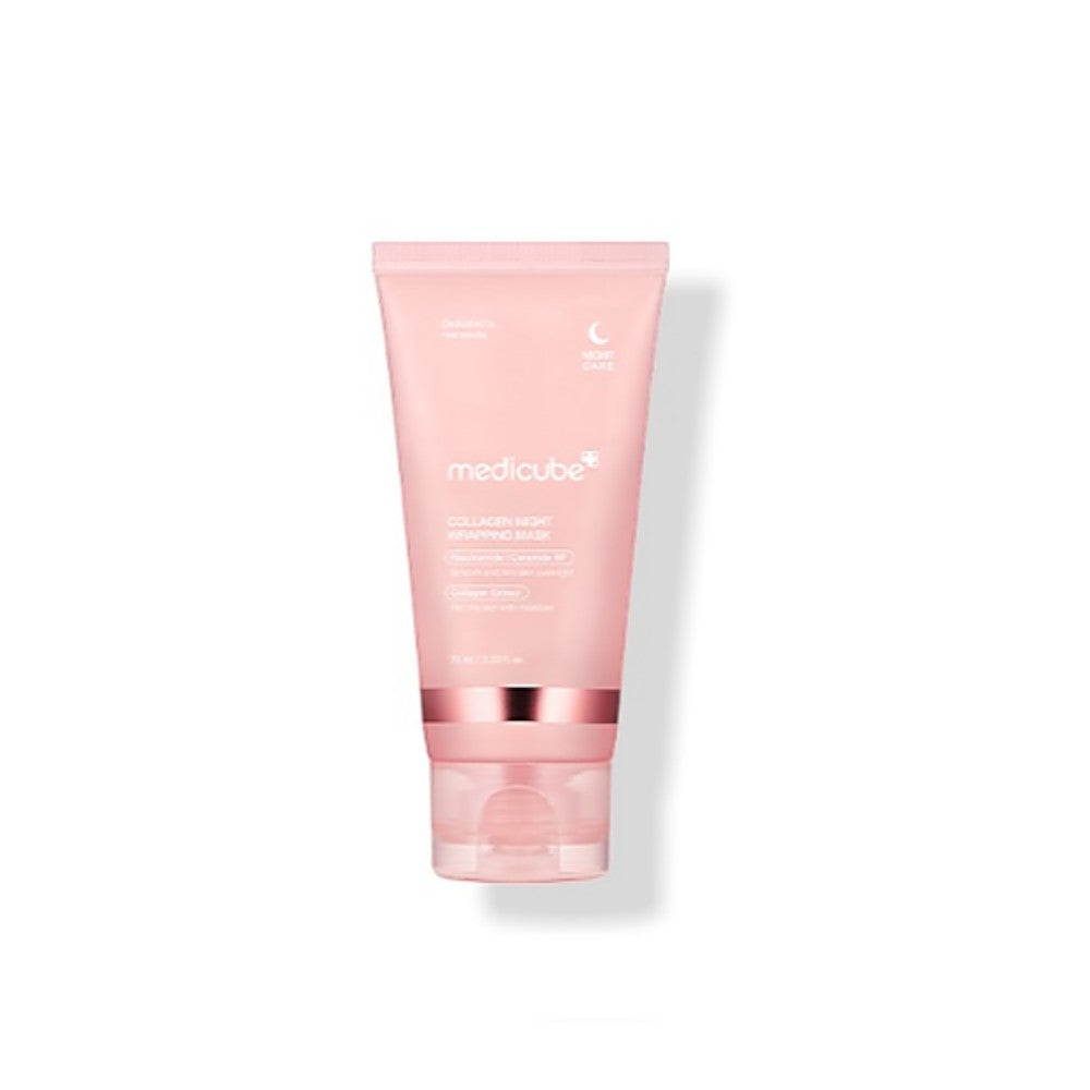 Skin TOGO Medicube Collagen Night Wrapping Mask in a pink 75ml tube for overnight skin firming and hydration.