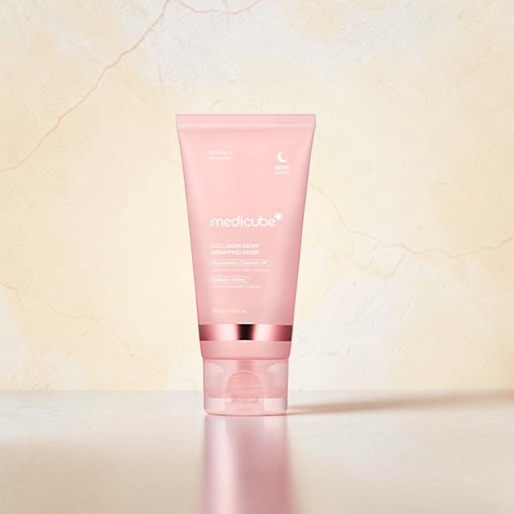 Skin TOGO Medicube Collagen Night Wrapping Mask in a light pink 75ml squeeze tube for overnight skin firming care.