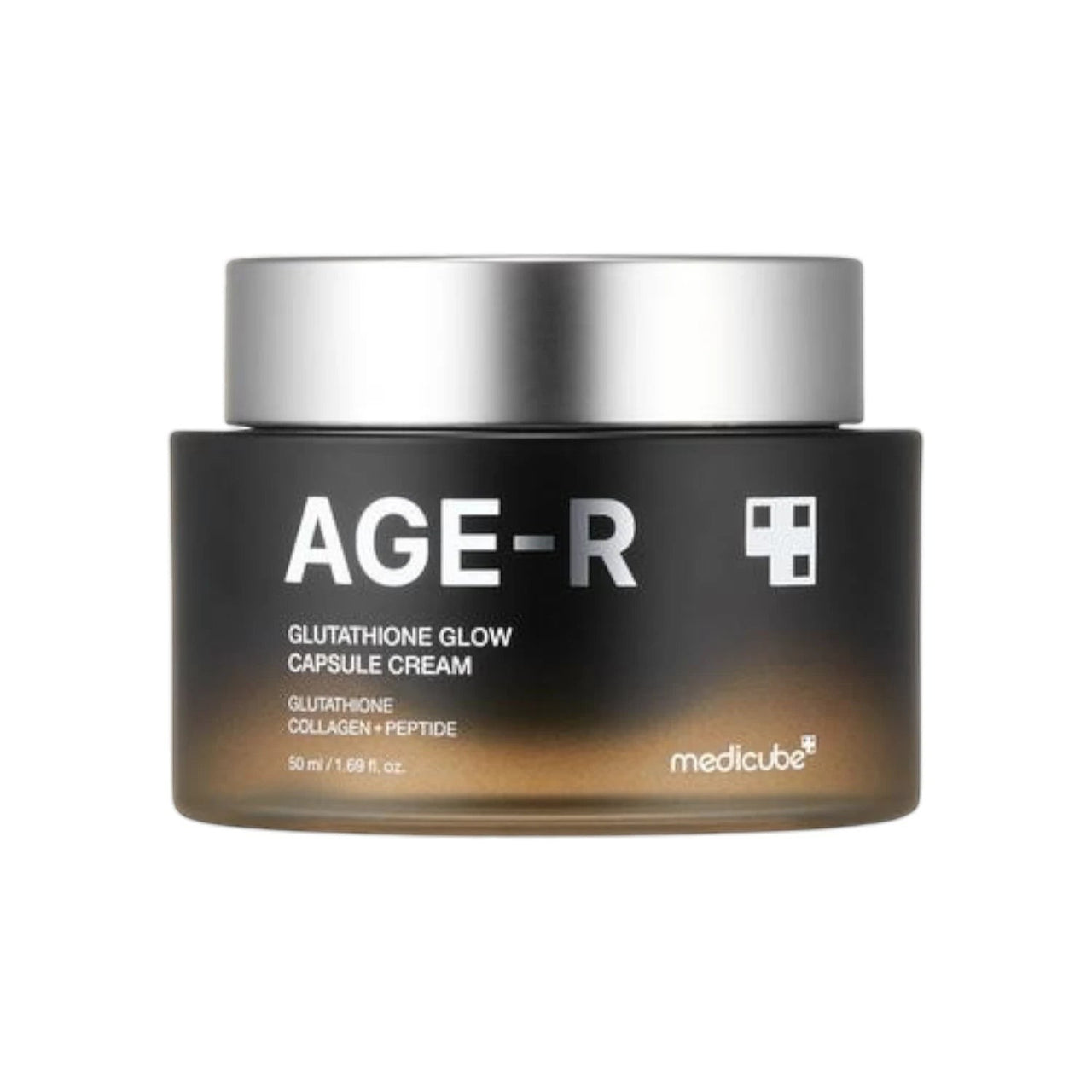 Skin TOGO Medicube AGE-R Glutathione Glow Capsule Cream in a black and amber jar with a silver lid.