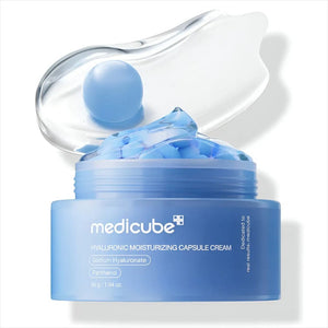 Skin TOGO Medicube Hyaluronic Moisturizing Capsule Cream with blue hydrating spheres in a light gel texture.