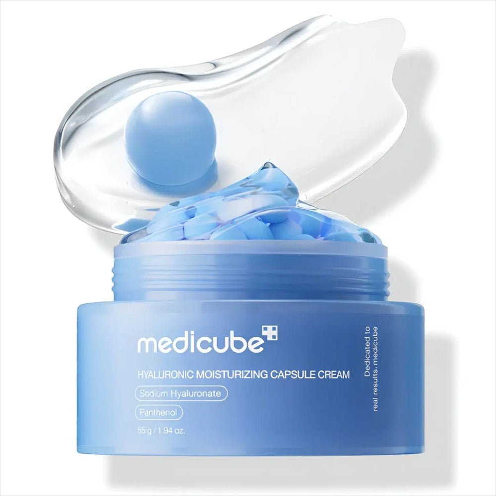 Skin TOGO Medicube Hyaluronic Moisturizing Capsule Cream with blue hydrating spheres in a light gel texture.