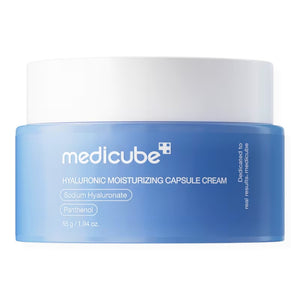 Skin TOGO Medicube Hyaluronic Moisturizing Capsule Cream in a blue jar with a white lid for deep skin hydration.