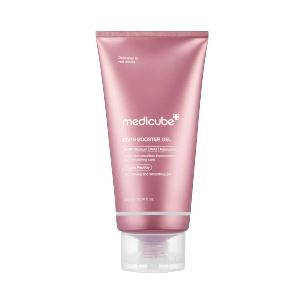Skin TOGO Medicube PDRN Booster Gel in a 300ml metallic pink tube for skin regeneration and deep hydration.