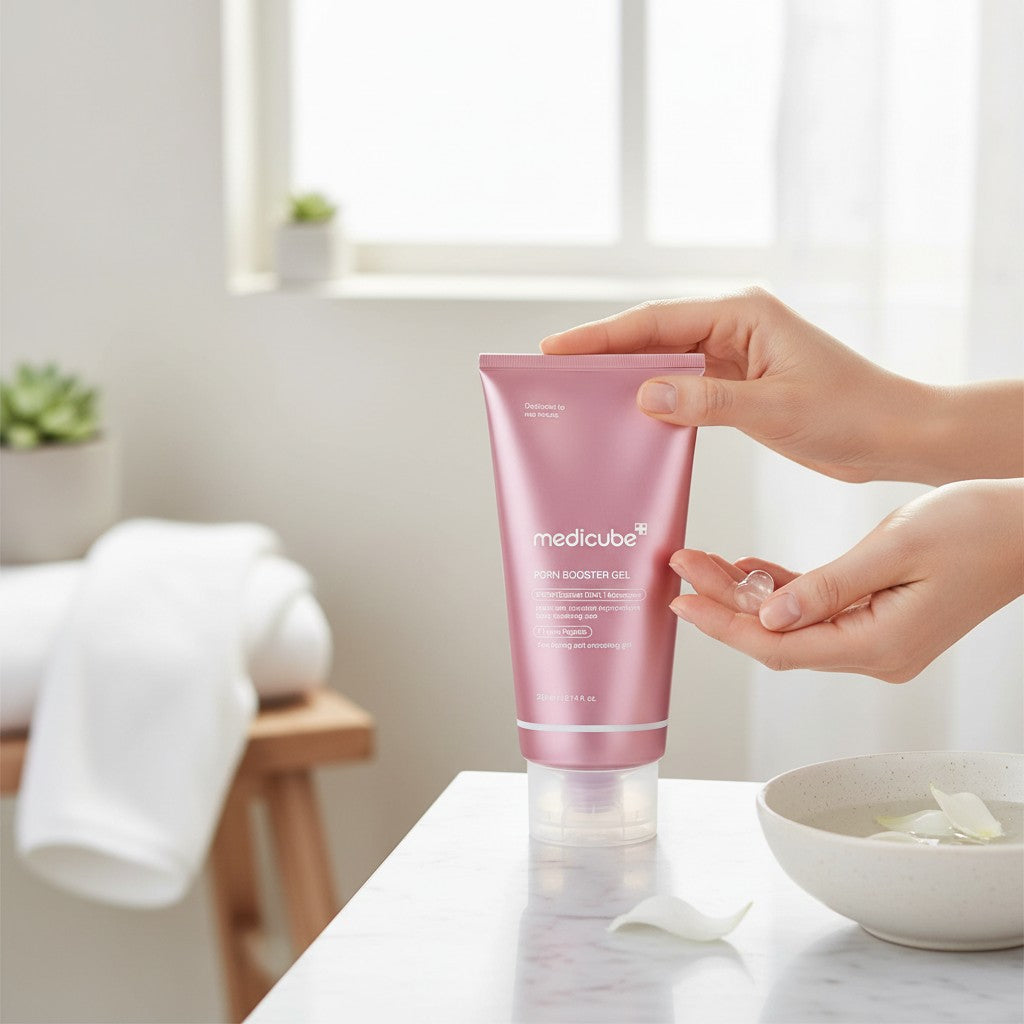 Skin TOGO Medicube PDRN Booster Gel in a pink tube with a clear, lightweight gel texture held in hands.