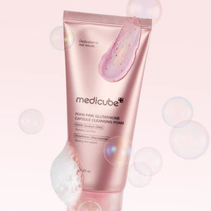 Skin TOGO Medicube PDRN Pink Glutathione Capsule Cleansing Foam in a metallic pink tube with bubbles and cream texture