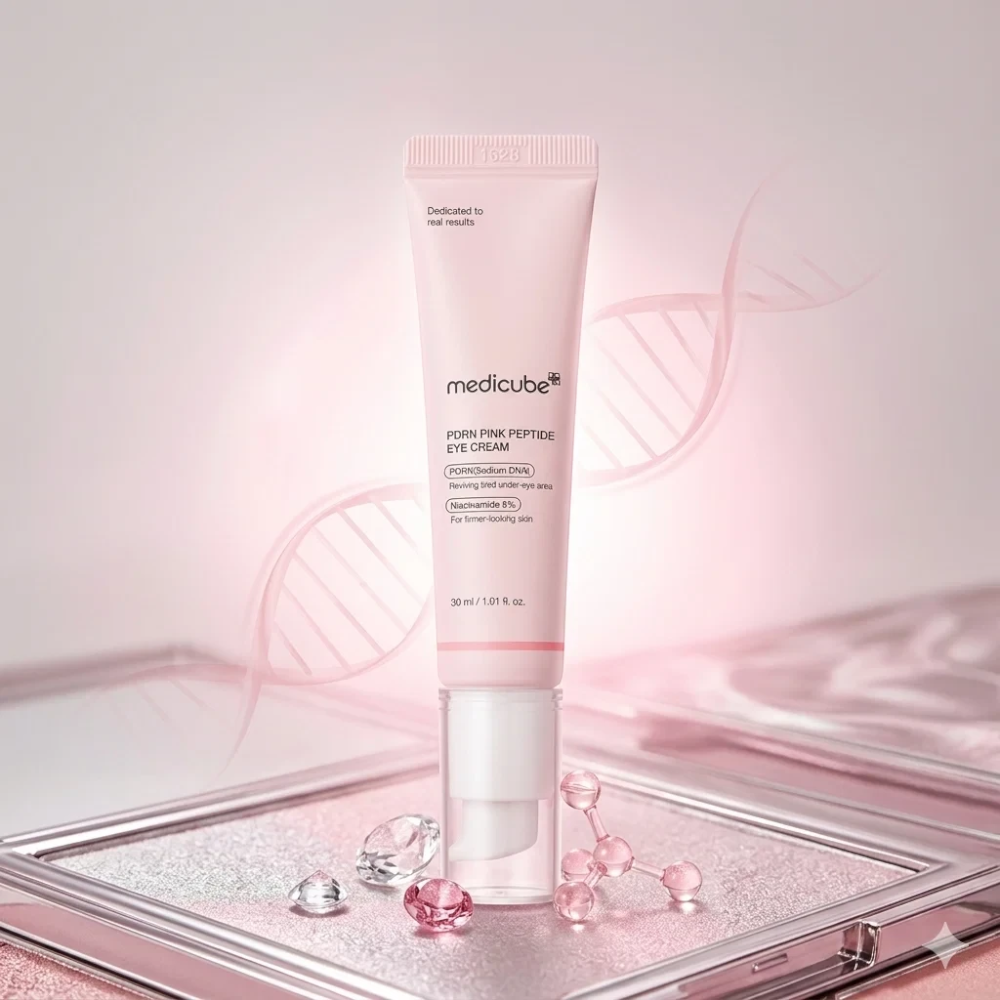 Skin TOGO Medicube PDRN Pink Peptide Eye Cream in a pale pink tube with peptide and DNA graphic elements.