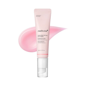 Skin TOGO Medicube PDRN Pink Peptide Eye Cream in a light pink tube with a swatch of the nourishing cream texture.