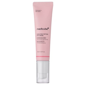 Skin TOGO Medicube PDRN Pink Peptide Eye Cream in a light pink 30ml tube for firming and smoothing under-eye skin.