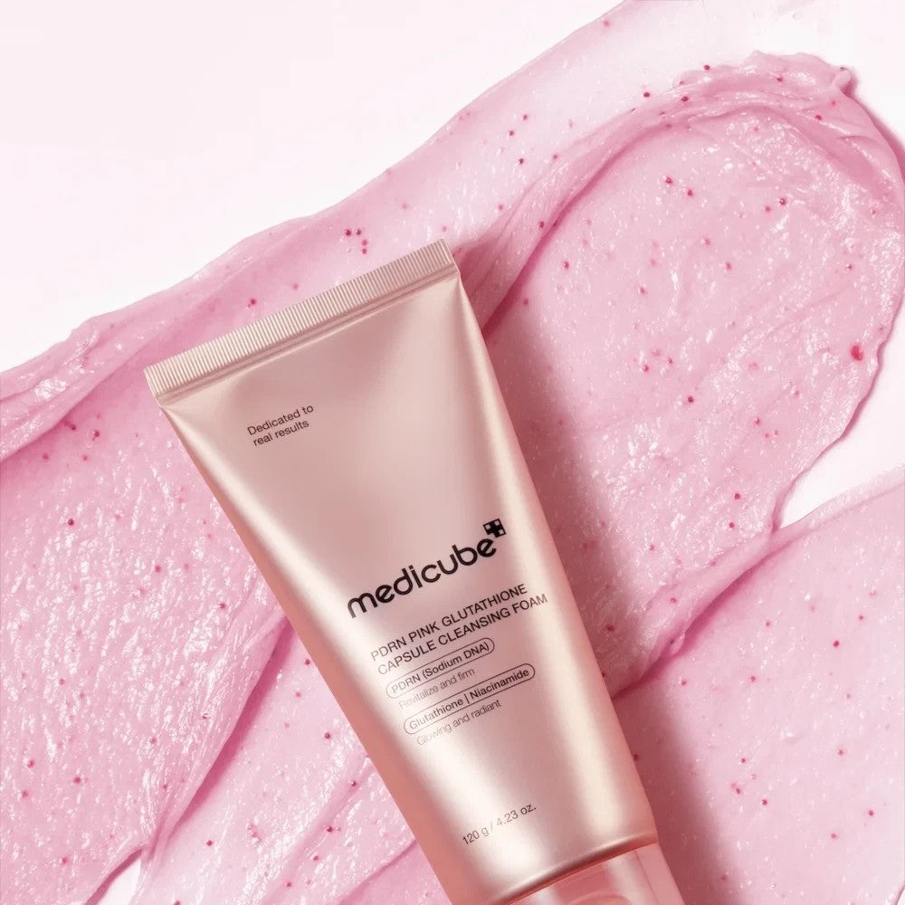 Skin TOGO Medicube PDRN Pink Glutathione Capsule Cleansing Foam tube with pink exfoliating cleanser texture