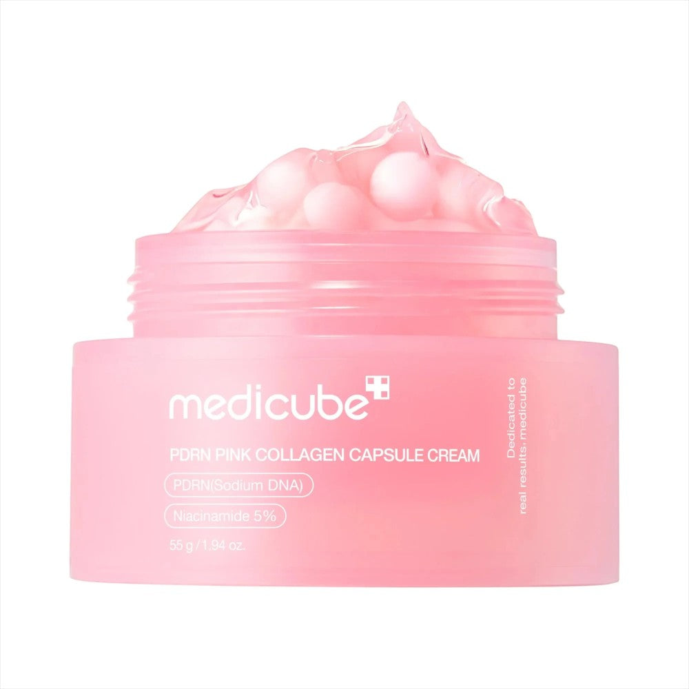 Skin TOGO Medicube PDRN Pink Collagen Capsule Cream in a pink jar with visible collagen capsules in gel texture