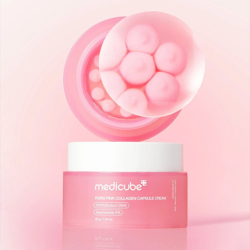 Skin TOGO Medicube PDRN Pink Collagen Capsule Cream jar with visible pink hydrating capsules in a soft light setting