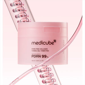Skin TOGO Medicube PDRN Pink Collagen Toning Gel Toner Pad jar with abstract pink gel elements for skin hydration