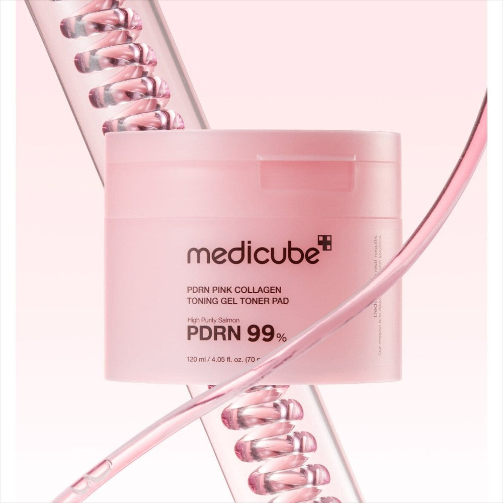 Skin TOGO Medicube PDRN Pink Collagen Toning Gel Toner Pad jar with abstract pink gel elements for skin hydration