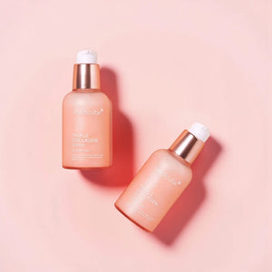 Skin TOGO Medicube Triple Collagen Serum bottles in peach packaging on a soft pink background