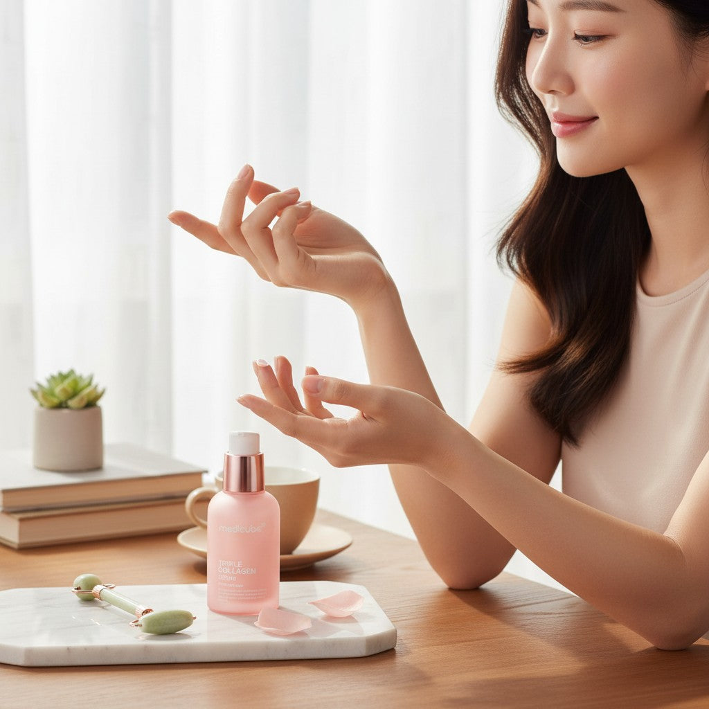 Skin TOGO Medicube Triple Collagen Serum in a pink bottle on a marble tray with a jade roller and a smiling woman.