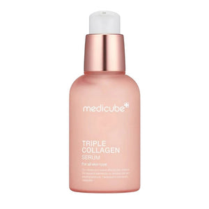 Skin TOGO Medicube Triple Collagen Serum in a pink bottle with a pump dispenser for anti-aging and skin elasticity.