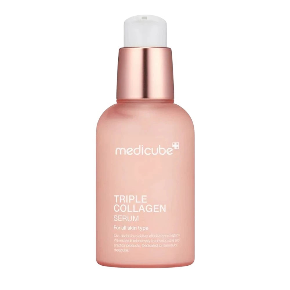 Skin TOGO Medicube Triple Collagen Serum in a pink bottle with a pump dispenser for anti-aging and skin elasticity.