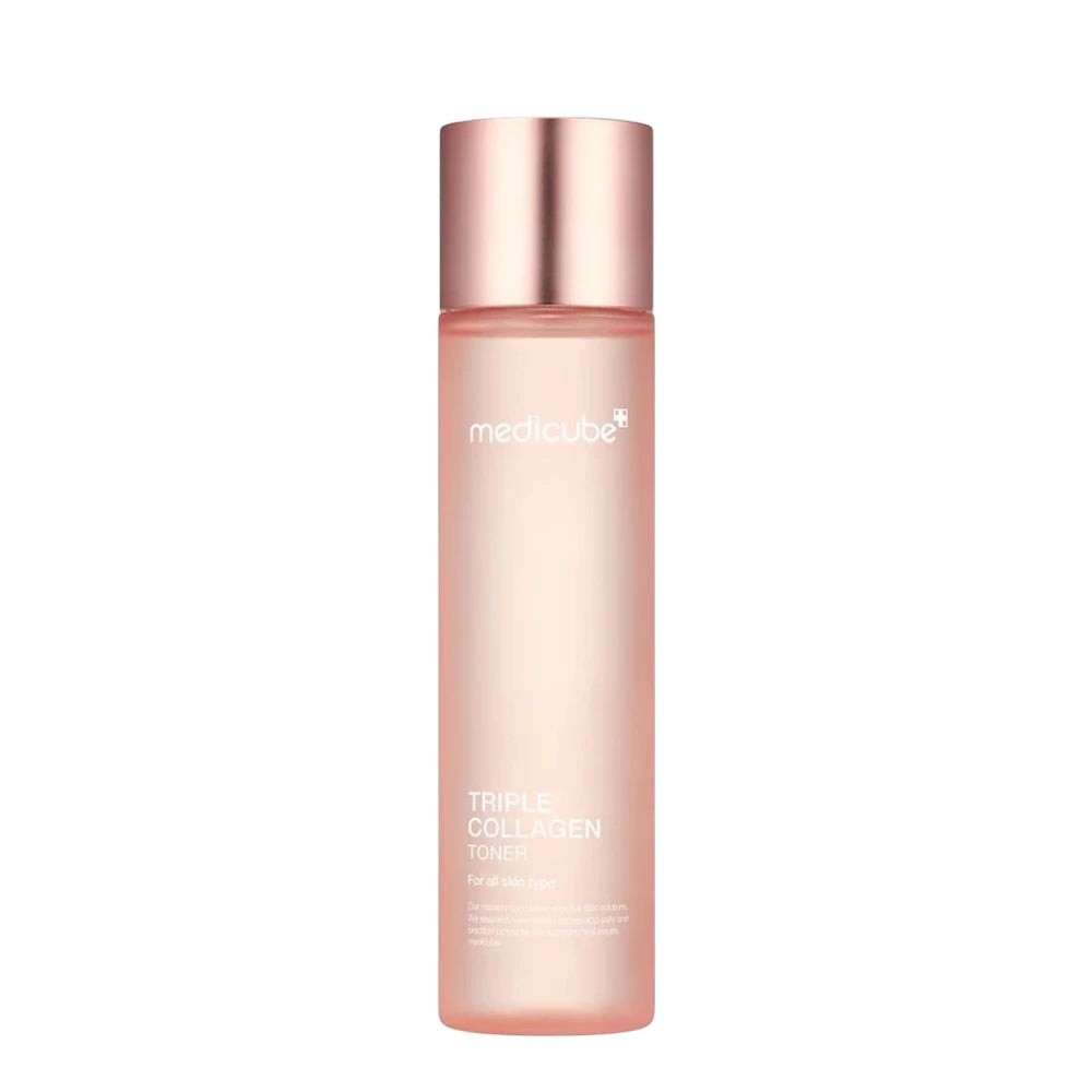 Skin TOGO Medicube Triple Collagen Toner in a pink translucent bottle with a metallic cap for skin elasticity.
