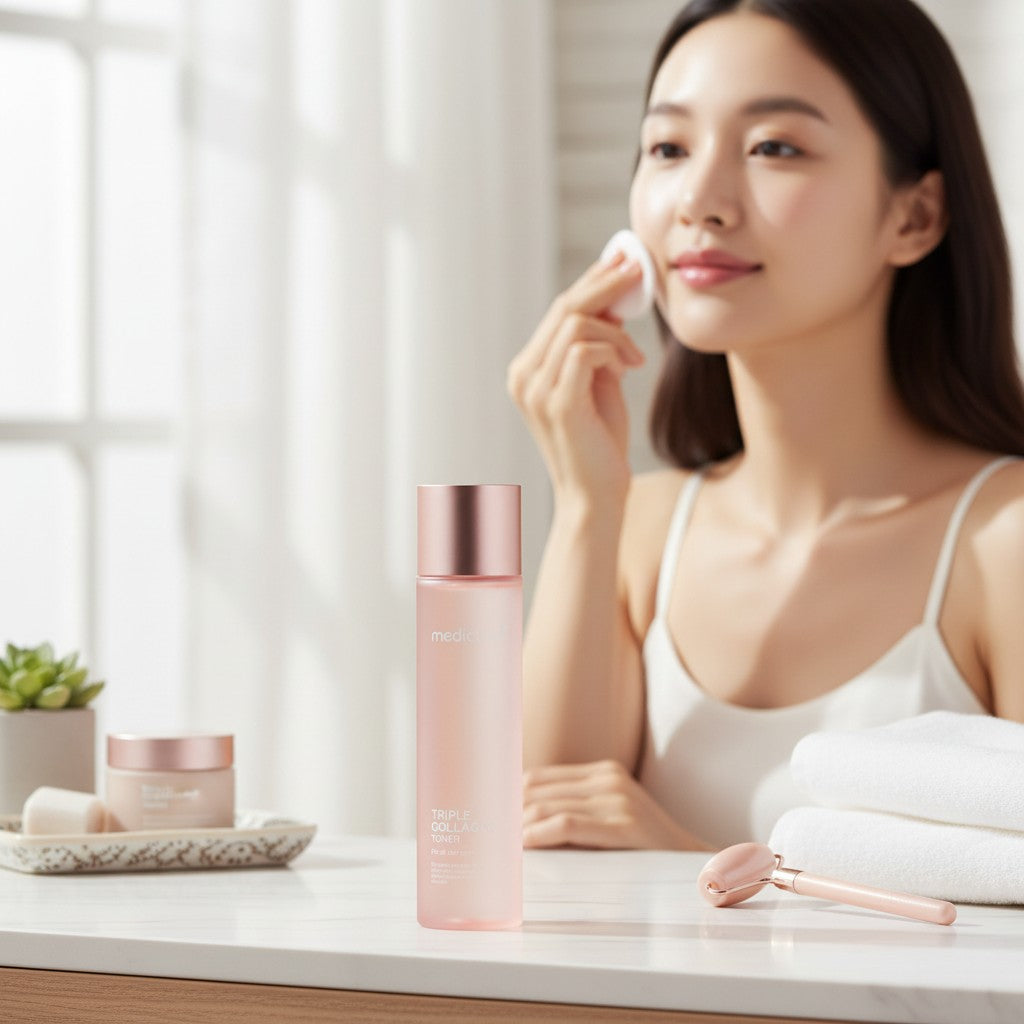 Skin TOGO Medicube Triple Collagen Toner in a pink bottle on a vanity with a woman applying skincare in the background.