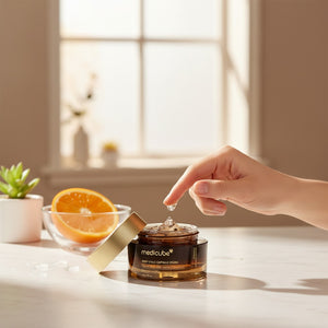 Skin TOGO Medicube Deep Vitamin C Capsule Cream in a brown jar with a hand applying the brightening gel formula.