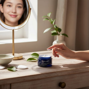 Skin TOGO Medicube Zero Pore One-day Cream in a blue jar on a wooden table with a woman reflecting in a mirror.