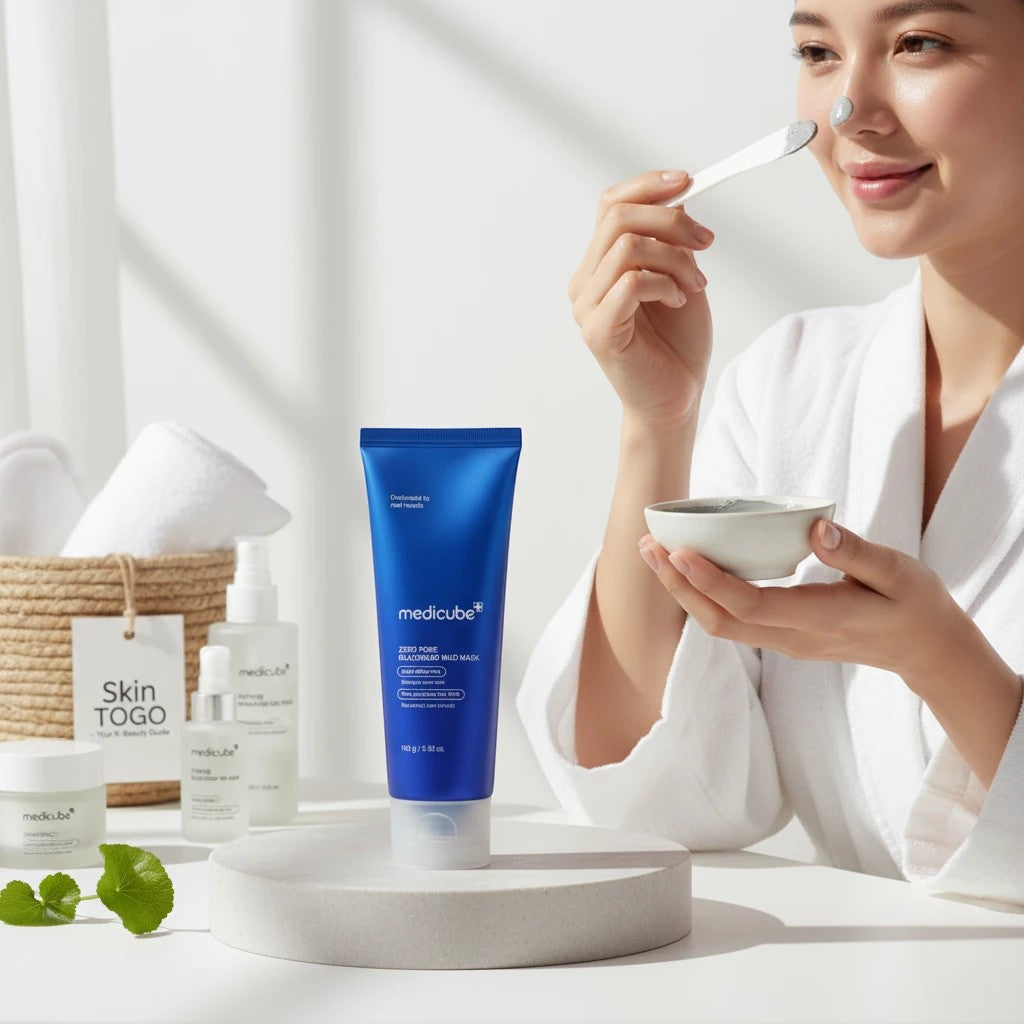 Skin TOGO Medicube Zero Pore Blackhead Mud Mask in a blue tube with a woman applying the clay mask to her nose.
