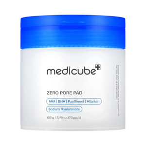 Skin TOGO Medicube Zero Pore Pad jar with blue lid, containing 70 exfoliating toner pads for pore refinement.