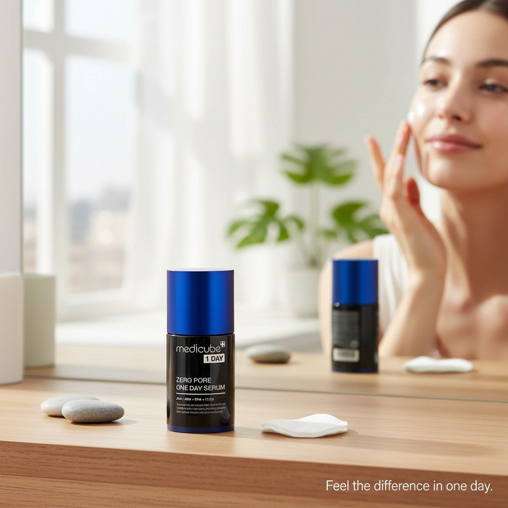 Skin TOGO Medicube Zero Pore One-day Serum bottle on a wooden table with a woman applying skincare in the background