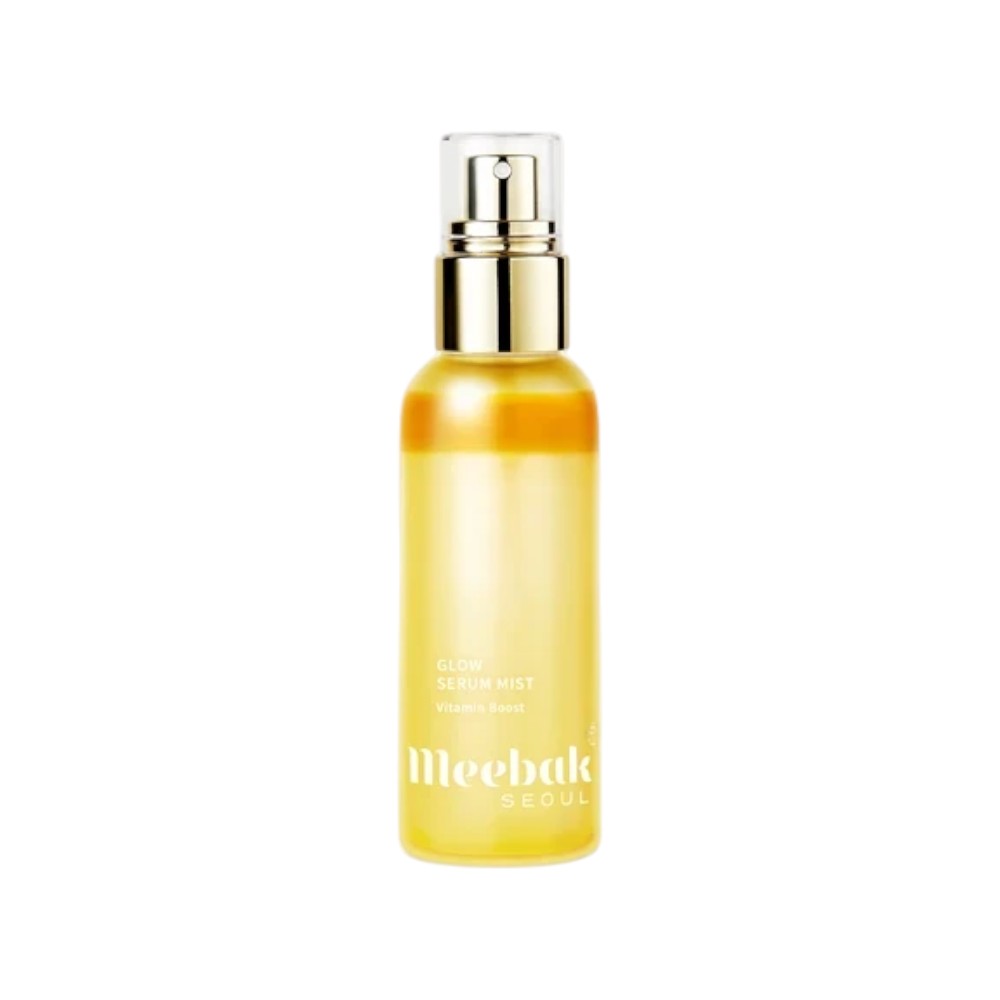 Skin TOGO Meebak Glow Serum Mist with Vitamin Boost in a 100ml yellow spray bottle for radiant skin.