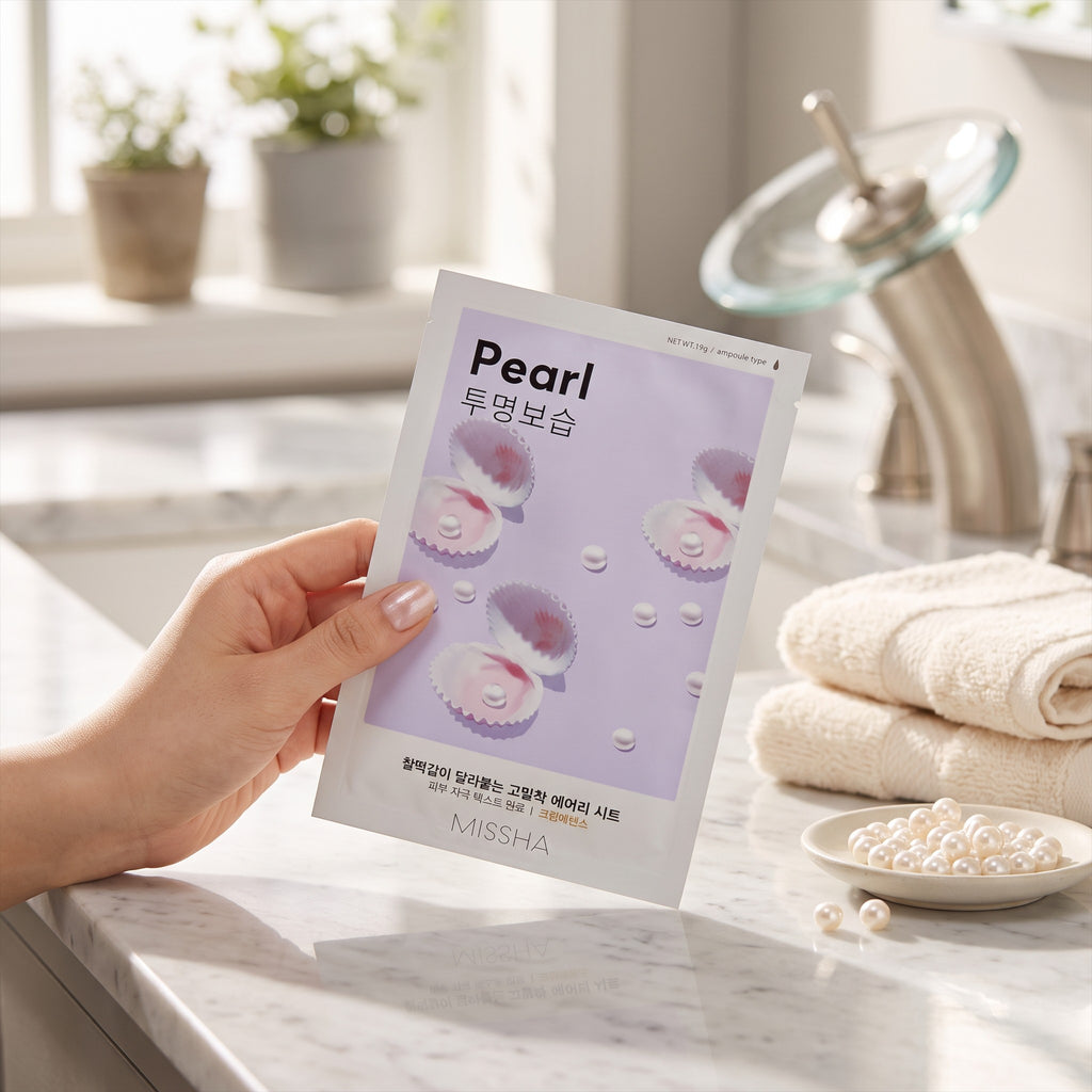 Skin TOGO Missha Airy Fit Pearl sheet mask held in hand, featuring pearl illustrations on a light purple background.