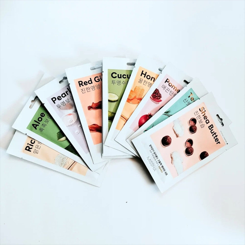 Skin TOGO collection of Missha Airy Fit sheet masks in various colourful ingredient-themed packaging