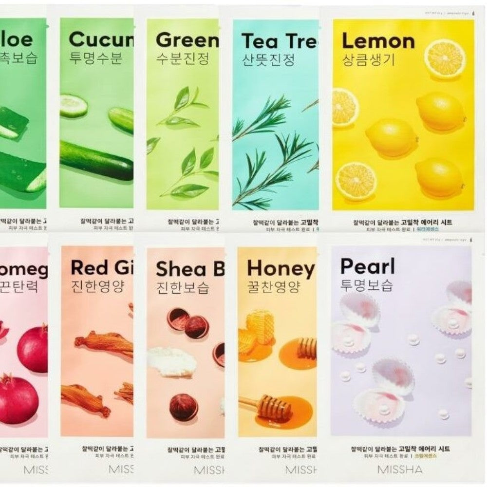 Skin TOGO Missha Airy Fit sheet masks collection featuring various natural ingredients like aloe, lemon, and honey.