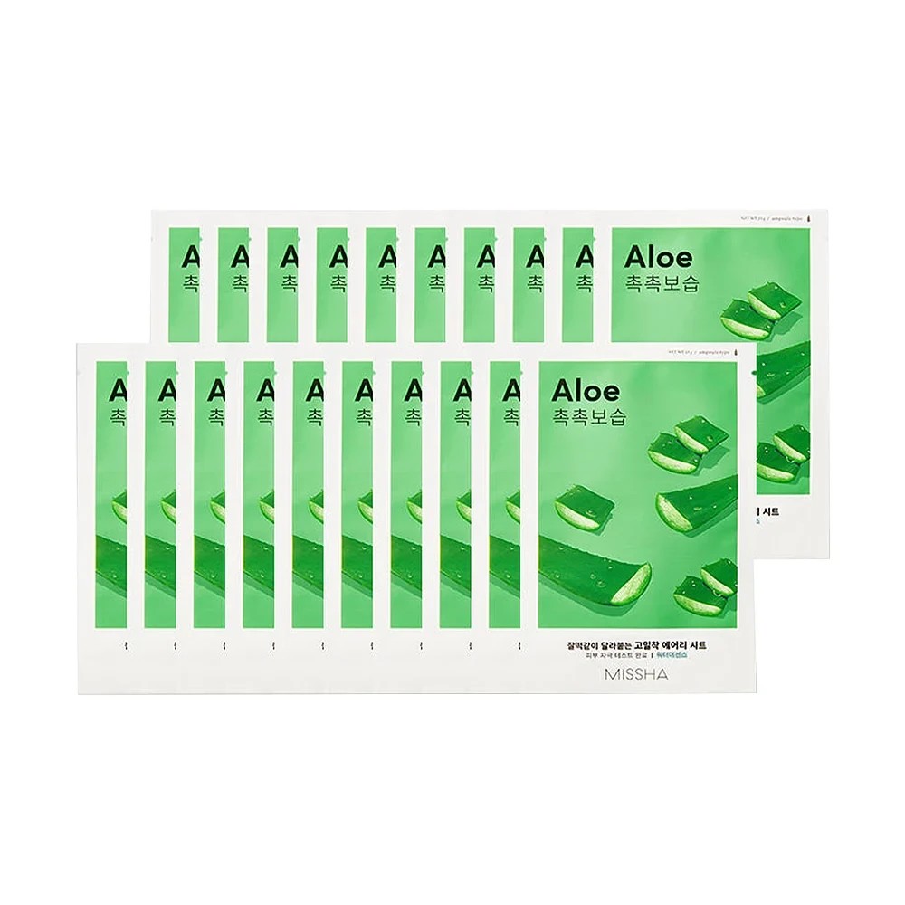 Skin TOGO Missha Airy Fit Aloe sheet masks in green packaging with aloe vera illustrations for deep hydration