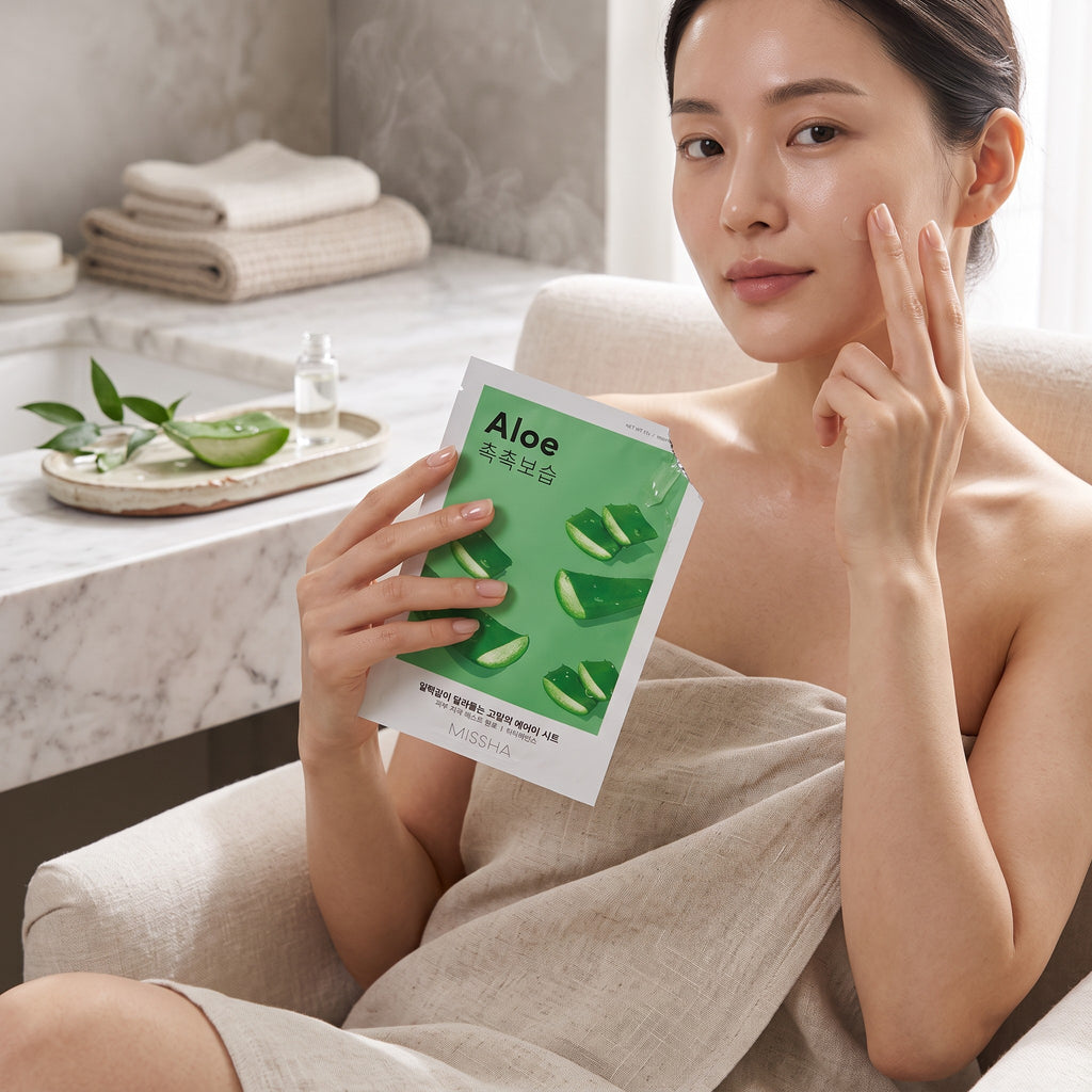 Skin TOGO woman applying skincare while holding a Missha Airy Fit Aloe sheet mask in a bright bathroom setting